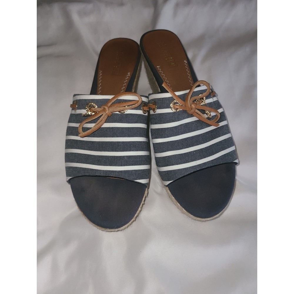 Sperry Hillsboro Navy White Striped Canvas Espadrille Wedge Sandals Size 9